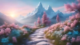 sentiero montano fiabesco con fate colori tenui con topazi smeraldi cristalli, paesaggio floreale cristalli azzurri rosa e bianchi sole nascente cielo azzurro