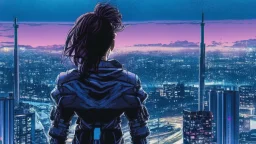 Clear Focus, High resolution, Beautiful girl standing backwards to a Cyberpunk skyline, comic style