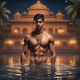 Hyper Realistic handsome Young shirtless muscular short hair Indian king bathing in a lake outside traditionally beautiful Indian palace at night