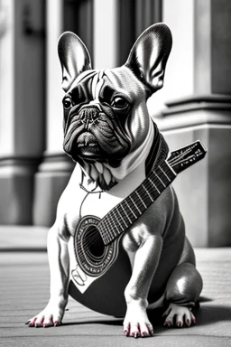 One single mature french bulldog, friendly, playing guitar in the street , Vienna, opera, sunny day, model style, hyper realistic, extremely accurate, delicate, extremely detailed, Graphic novel style, wide-angle, open aperture, superfine pencil