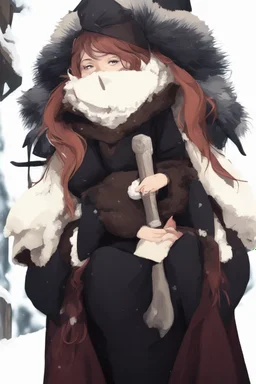 Woman with long brown hair dressed in winter clothes, medieval