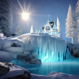 castello di cristallo bianco e oro ， cascata, diamanti, aurora boreale, ice and snow, blue and white, sole liscio e luminoso ， atmosfera di luce soffusa, effetto luce ， vaporwave colorato, concept art, dettaglio liscio ed estremamente nitido, dettaglio finemente regolato, altissima definizione , 8 k, motore irreale 5, messa a fuoco ultra nitida