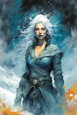 create a highly detailed high fantasy portrait illustration of a sensual sorceress clothed in hoarfrost, amidst a swirling blizzard on the eve of Samhain under the watch of a baleful moon in the graphic novel style of Bill Sienkiewicz, with highly detailed facial features and clothing, with an otherworldly and ethereal background by Van Gogh