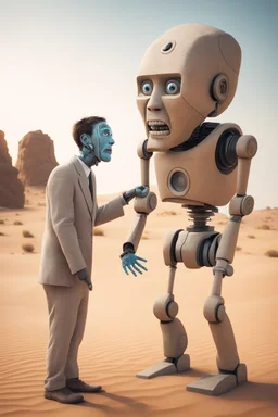 the AI robot showing surprise on his face expression and cover his mouth with his hand from human stupidity of a stone age man standing in front of him in the desert