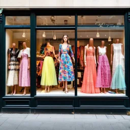 A shop window with women's fashion all bright and delicate colors