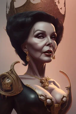 Joan Collins as evil queen in black leather, leather, busty, cleavage, angry, stern look. character design by cory loftis, fenghua zhong, ryohei hase, ismail inceoglu and ruan jia. unreal engine 5, artistic lighting, highly detailed, photorealistic, fantasy