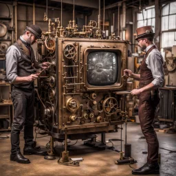 Steampunk engineers constructing a television set