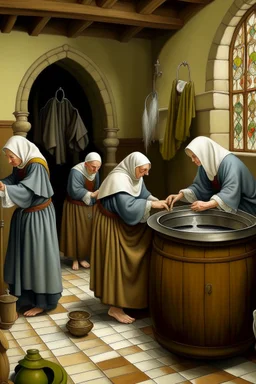 Medieval monks doing their laundry with a washering machine but make it a oil painting