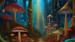 A surreal, digitally enhanced mixed media piece showcasing a mystical forest during a rainstorm. Towering trees are adorned with floating, glowing orbs, while peculiar, rainbow-colored mushrooms populate the forest floor. A gentle, otherworldly rain falls, and strange creatures can be seen peeking out from behind the foliage. The overall atmosphere is whimsical and enchanting, inviting the viewer to step into this fantastical world.