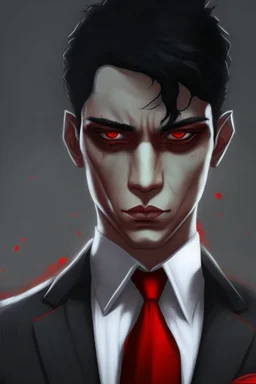 Realistic, red eyes, light skin, short black hair, red earring, suit and tie clothing, gloves on hand