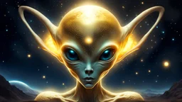 On a starry night, a luminous-skinned alien appears. Its eyes glow with an ethereal hue, while antennas move delicately in the cosmic void. The body, enveloped in a golden aura, reflects the light from the surrounding stars. Despite the alien appearance, its beauty is almost otherworldly, conveying a sense of calm and mystery.