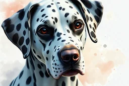 Surreal image of a Dalmatian dog with a delicate, glossy coat, fascinating and captivating, with a serene atmosphere that conveys peace and tranquility. Digital art image. Watercolor pencil and ink. Soft watercolor background with wet-on-wet brushstrokes. Airbrush painting. Fantastic art, detailed painting, high quality. (UHD 4K). 4K image.