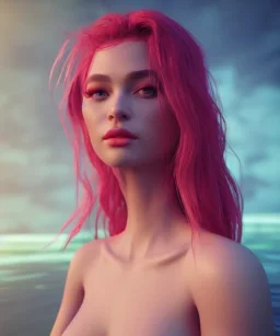 Realistic detailed perfect face portrait of a insane young beautiful woman top model in short open dress. Sensual, volumetric lighting, Unreal Engine 5, 3D Animation Quality, Octane Rendering. A masterpiece. There are water, flowers, vivid colors.