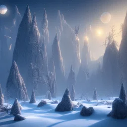 winter landscape, bells, ice, dreamy, science fiction