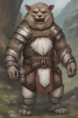 Dnd a young bugbear with white fur and leather armor