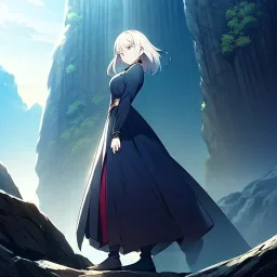 girl standing at the edge of a cliff, anime, looking down