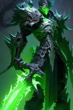 a man in armor holding a green sword, style of ghost blade, ghostblade, nekro xiii, night time raid, style of duelyst, glowing green soul blade, heise-lian yan fang, by Zhou Jichang, concept art | feng zhu, dark fantasy character design, intricate assasin mecha armor, lineage 2 revolution style