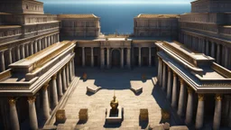 a roman city next to the ocean seen from a hill top. perfect symmetry. marble and gold. fantasy. exquisite realism, a masterpiece, dark fantasy concept art, dynamic lighting, hyperdetailed, intricately detailed, deep color, Unreal Engine, volumetric lighting