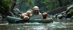 ancient bald fat ogre troll machete in huge kayak in stream