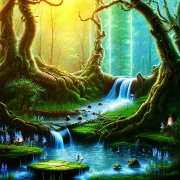 crazy detail, toad, magical forest background with water , waterfall, blue but cloudy skies, lively eyes, foliage, gold