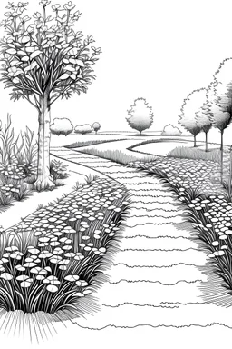 a garden in lenght view. draw in black and white. High details. A gravel path along left side. Small water in the middle