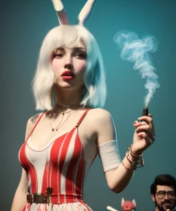 Ultra realistic photographic party portrait, sound club, wide-angle lens, couple, cinematic, happy blonde woman smoking a shisha pipe, accompanied by big white rabbit friend, hot, circus dress style, marihuana plants, color smoke, soft color, highly detailed, unreal engine 5, ray tracing, RTX, lumen lighting, ultra detail, volumetric lighting, high definition.