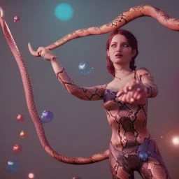 Ultra realistic circus scene. Classic snake woman, waist up view, Wes Anderson style, happy, bubbles, highly detailed, concept art, unreal engine 5, god rays, ray tracing, RTX, lumen lighting, ultra detail, volumetric lighting, 3d, finely drawn, high definition, high resolution.