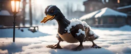 photo shoot of psycho duck shadow boxer creature in ice cream and snow, in fallout 4 setting, bokeh, downlight, prize winning, depth of field, in the style of ivo caprino