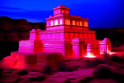 A pink light glowing monastery designed in Navajo baskets painted by Frank Lloyd Wright