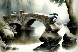 an artist with an easel sits on a stool next to a little stone bridge, he is painting a kingfisher. highly detailed, smooth colours. Watercolour.