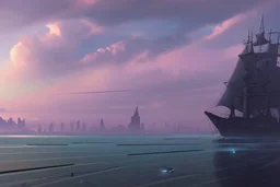 Cloudy day, distant city, ships, epic