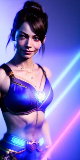 kristin kreuk face, chun li clothes, portrait busty and face, wearing blue dress, light effects, particles,