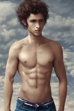 beautiful 12 year old arabic boy with curly hair and light blue eyes, shirtless