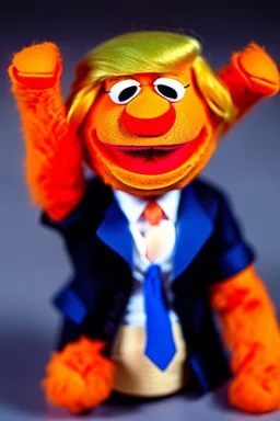 a Film Photograph of an orange Donald Trump Muppet made of felt and fur wearing a dark blue suit and red tie, lips are pursed