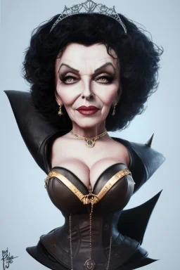 Joan Collins as evil queen in black leather, leather, busty, cleavage, angry, stern look. character design by cory loftis, fenghua zhong, ryohei hase, ismail inceoglu and ruan jia. unreal engine 5, artistic lighting, highly detailed, photorealistic, fantasy