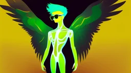 A surreal humanoid figure with white skin, green hair styled into a tall point, wearing glasses, with a transparent torso revealing internal organs, white wings on the back, holding a yellow figure in the lower torso, against a yellow background with a red curved line