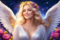 large angel wings. As the night sky casts its dreamy gaze on John, amidst the vibrant flowers of spring, straight blonde hair, her straight blonde locks shimmer like a golden halo. smiling. high purity. very detailed, digital art, beautiful detailed digital art, colorful, high quality, 4k