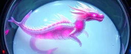 The image depicts a fantastical dolphin snow soup, specifically a transparent dragon lich with neon flash aura, with a unique and whimsical appearance. The dragon is positioned in a circular frame, which suggests it might be inside a container or a vessel. The dragon's body is elongated and has a segmented appearance, with a detailed texture that gives it a realistic look. Its head is covered with white, spiky hair, adding to its fantastical charm. From the weird dragon lab.