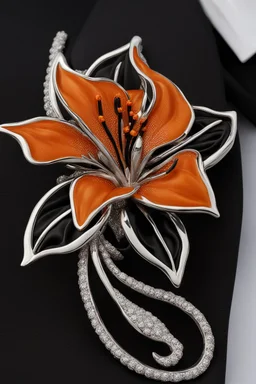 Black tie with silver brooch in the shape of an orange tiger lily flower