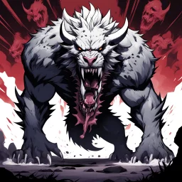 [illustration for wii No More Heroes style with thick lines] The beast lets out a bone-chilling roar that echoes through the chamber, causing the very stones to tremble. Its body is a grotesque amalgamation of flesh and bone, twisted and deformed by some unspeakable evil.