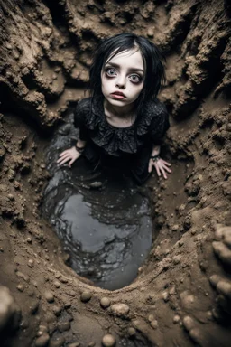 Closeup petit Girl goth with big eyes, fullbody, ragged clothes, extended like roots, the perspective looking up from the bottom of an empty well , midle underwater and mud 8k,macro photography,