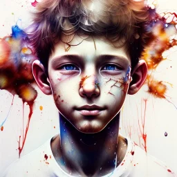 photorealistic boy, 11 years old, smiling, happy, brown eyes, brown hair, white face, watercolor illustration by <agnes cecile> <Yoji Shinkawa>, natural tones, ornate and intricate detail , soft smooth lighting, soft pastel colors,