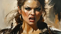 portrait of a Woman Warrior, angry, screaming, hand Fist :: Robert McGinnis + Jeremy Mann + Karn Griffiths, clear contours, clear lines, detail, fine rendering, high resolution, 64K, photorealism, precise focus,