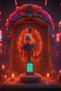 Cyberpunk Day of the Dead 3D illustration of Altars are a very Mexican and Latin way of honoring those that have passed away, Cyberpunk glow glowing illustration neon artificial technology beauty cyber, smooth 3D digital art, exquisite 3D rendering, 4K, blender, c4d, octane rendering, 3D Disney style lighting, Zbrush sculpting, highly detailed realistic fabric, concept art, high detail Zbrush