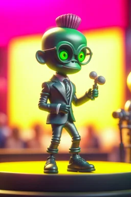 60s cute punk baby rihanna chat robot with suit and tie and rollerskates,on podium at festival, its such a perfect day, motion blur, smoke, 8k, downlight, soft light, depth of field, photorealism, trending on art station, some detail