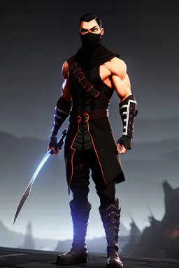 muscular ninja assassin, athletic build, wearing black and red baggy pants with pockets, black hood and balaclava mask, big boots, buckles, straps, daggers, dark hazel eyes, eyes are both in proportion and green, 3/4 look, short brown hair, standing, dark cobblestone alley, one vertical white light behind head, non photorealistic rendering in the art style of j.scott campbell