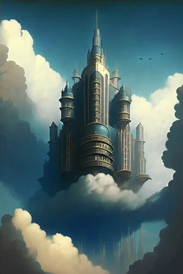 Enormous castle in the sky, ominously looming above in the style of art deco