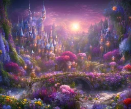 mondo fairy,paesaggio da favola notturno con fiori fluoriscenti alberi magici,fiori colorati luminosi