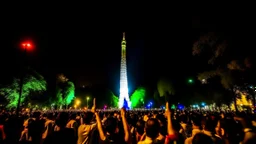 ciudad de buenos aires, es de noche, hay un montón de gente alrededor bailando y tomando, luces blancas y coloridas, se muestra el obelisco, fiesta, festejo, manos arriba