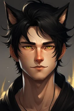 A male with messy black hair, gold eyes, black cat ears, realistic, slight smile